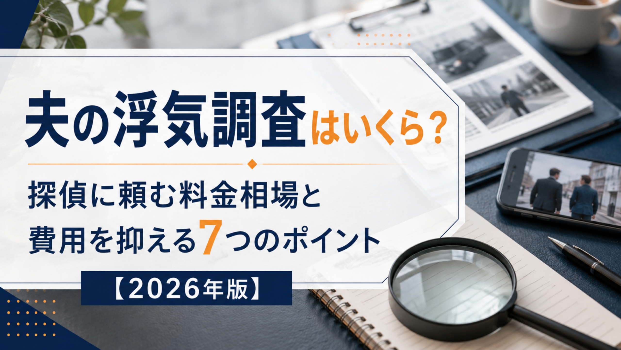 夫の浮気調査はいくら？探偵に頼む料金相場と費用を抑える7つのポイントを解説するアイキャッチ画像